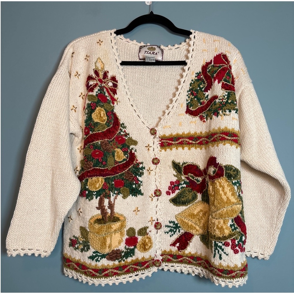 Vintage Tiara‎ Petites Women's Christmas Tree Bell Sweater Cardigan Cream Size M